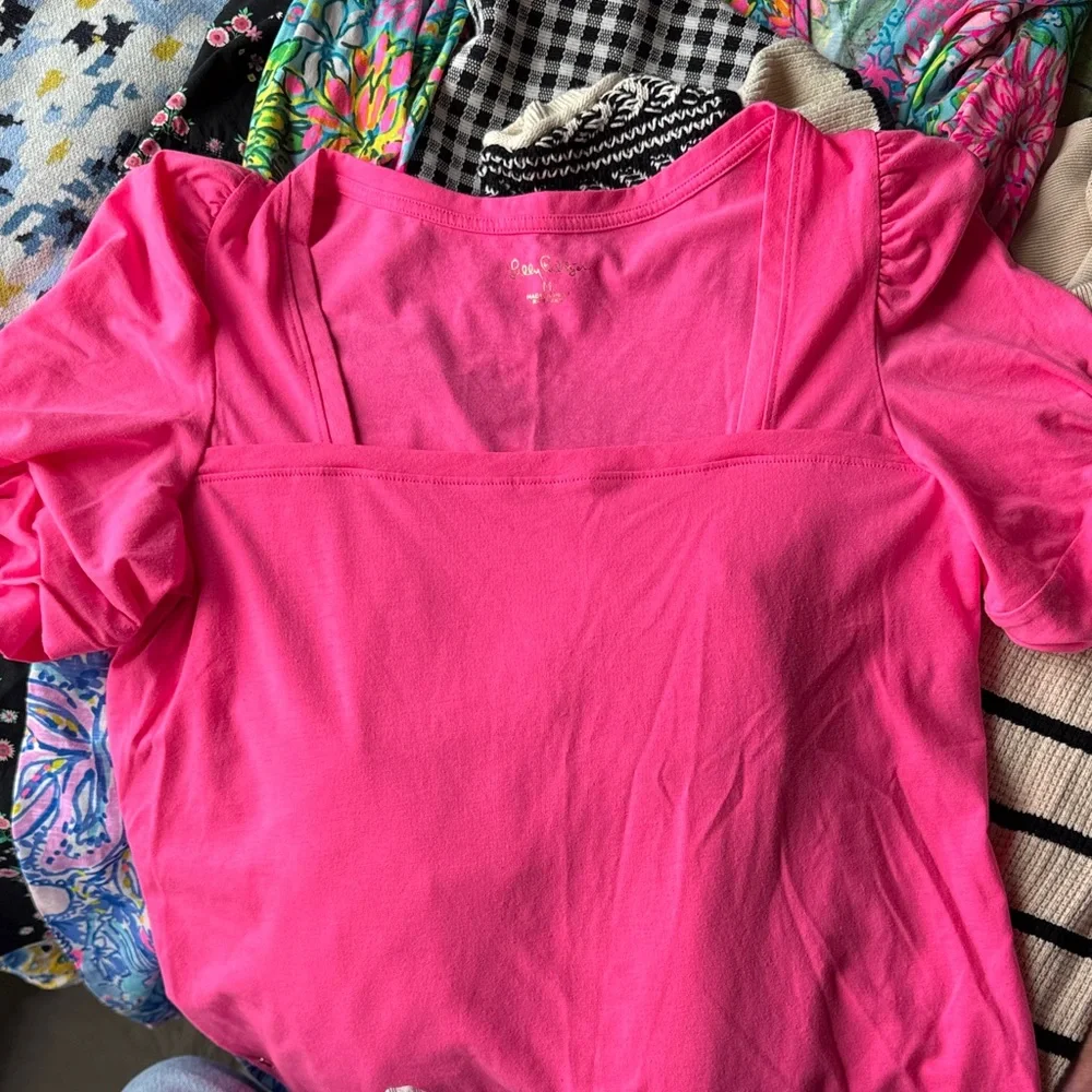 Lilly Pulitzer Hot Pink Square Neck Puff Sleeve Tee - Picture 2 of 4